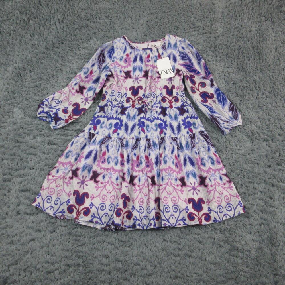 Zara Dress Girls 10 White Purple Paisley Long Sleeve Boho Fit & Flare Knee NWT